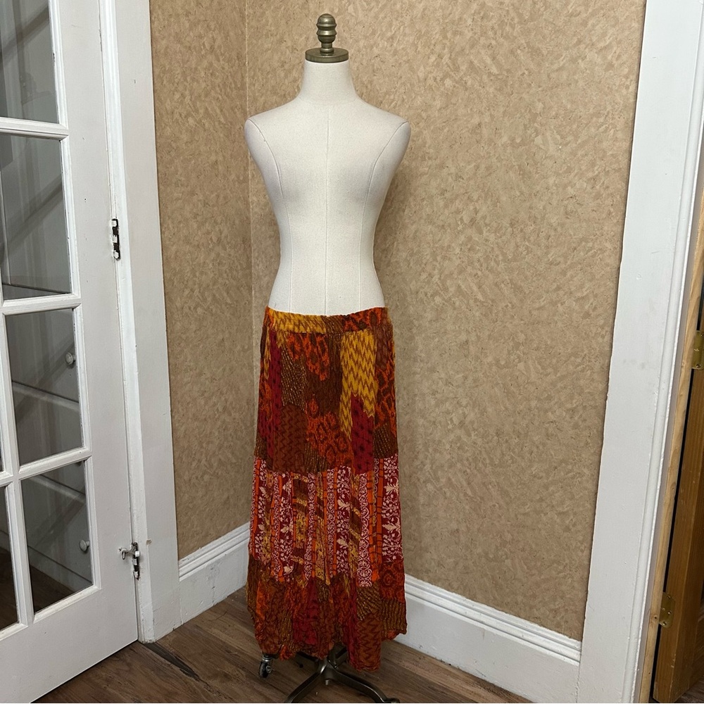 VTG Y2K 90s Orange Patchwork Rayon Crinkle Midi Maxi Skirt